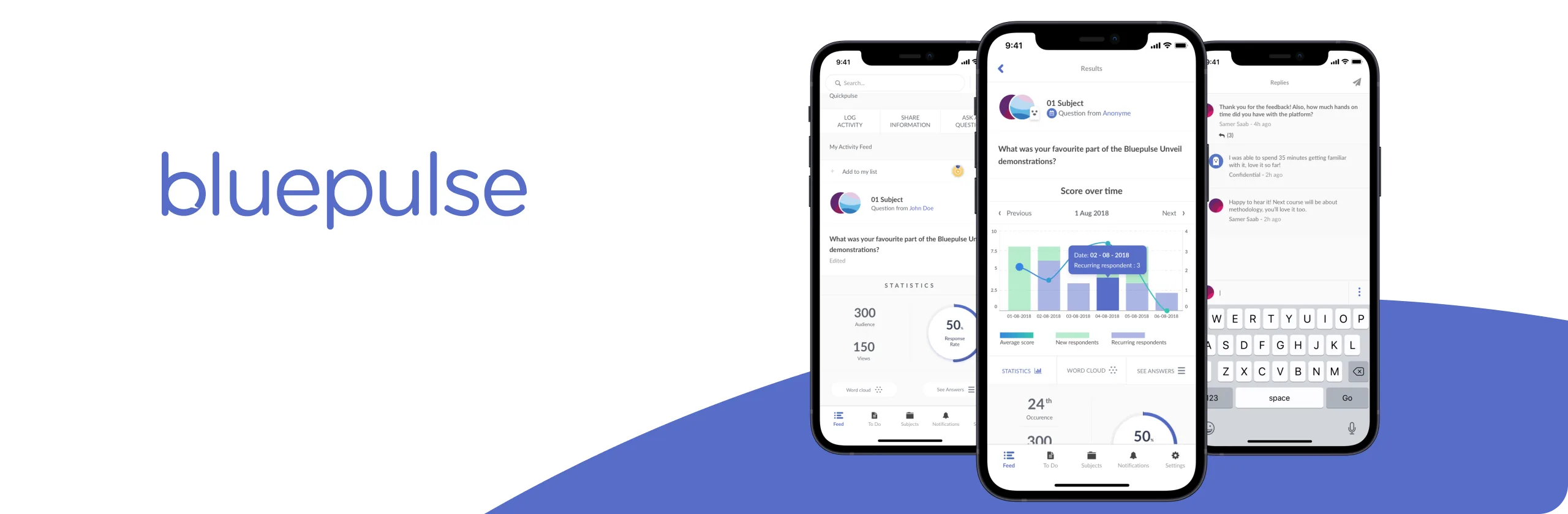 Bluepulse : fil d'activité, résultats et réponses sur trois téléphones