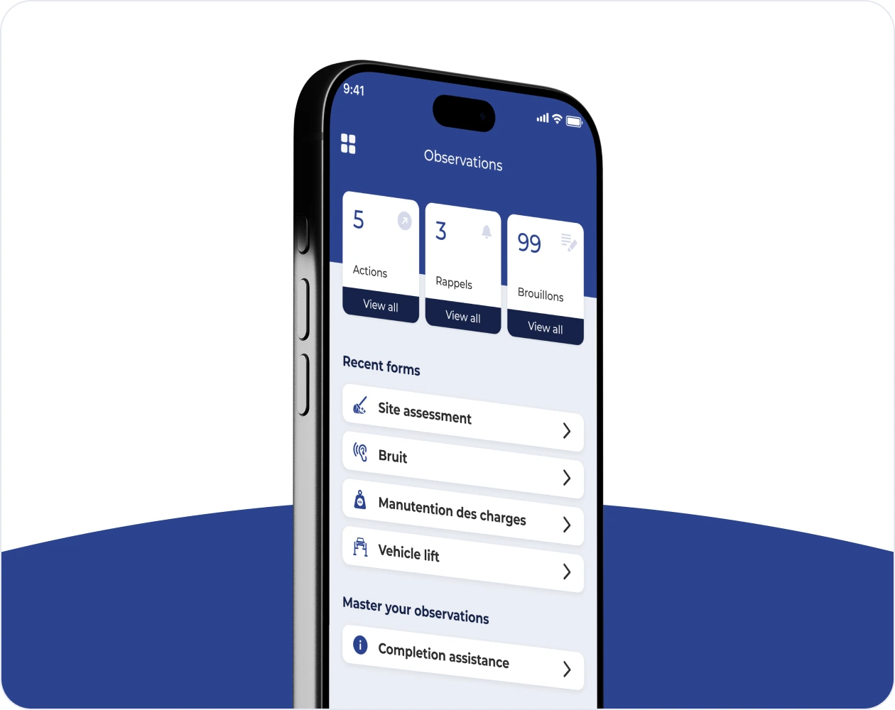 Écran Observations de l'application mobile SST