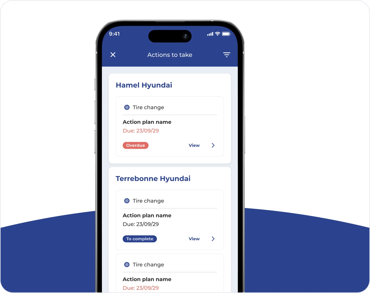 Écran des plans d'action par concession dans l'application mobile