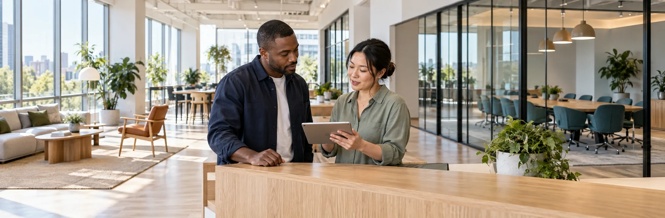 Illustration: two people looking at a tablet at the front desk of a shared workspace