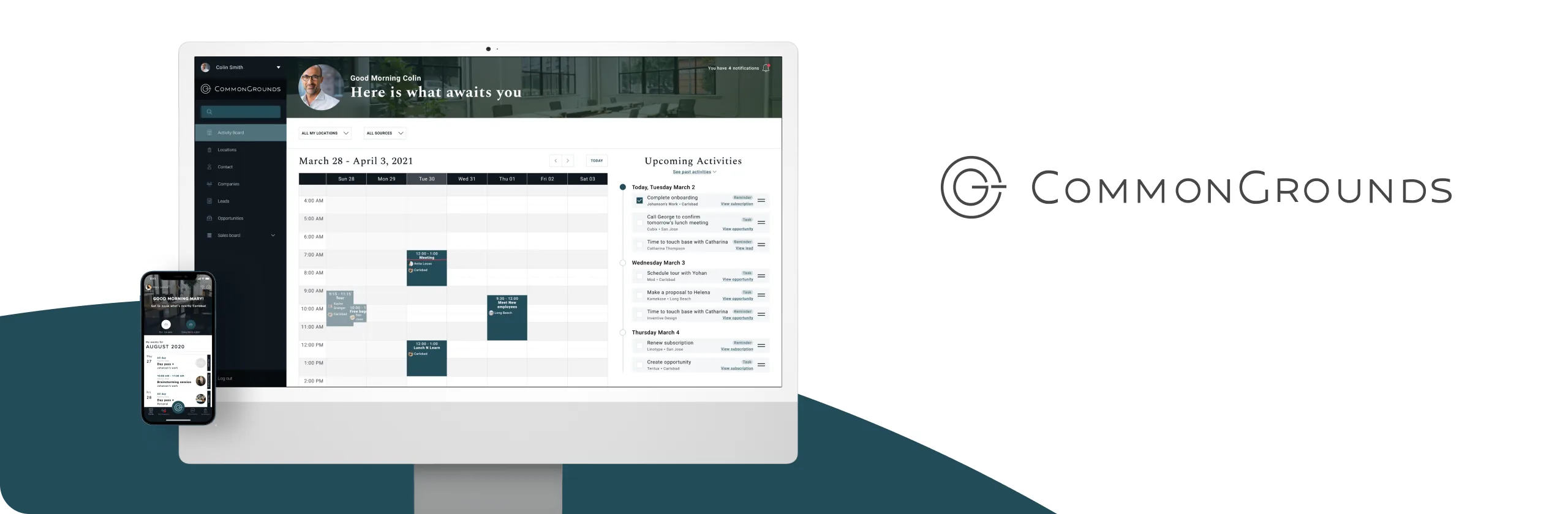 CommonGrounds ecosystem: management console, web member portal, tablet and phone