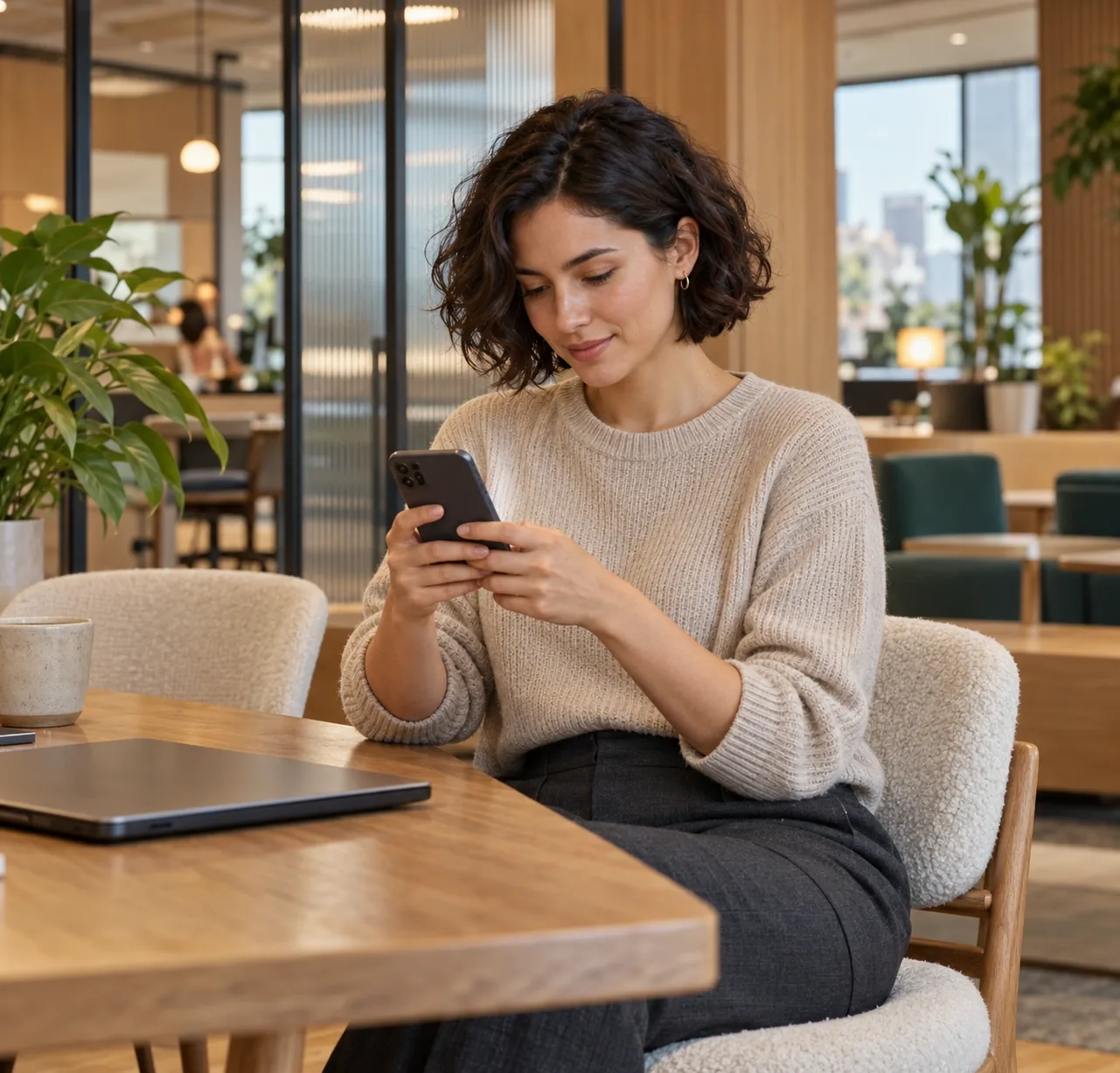 Illustration: a person checking their phone in a shared workspace