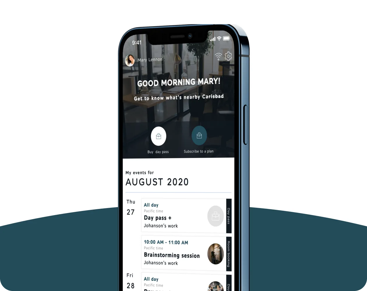 CommonGrounds mobile screen: room availability by time slot