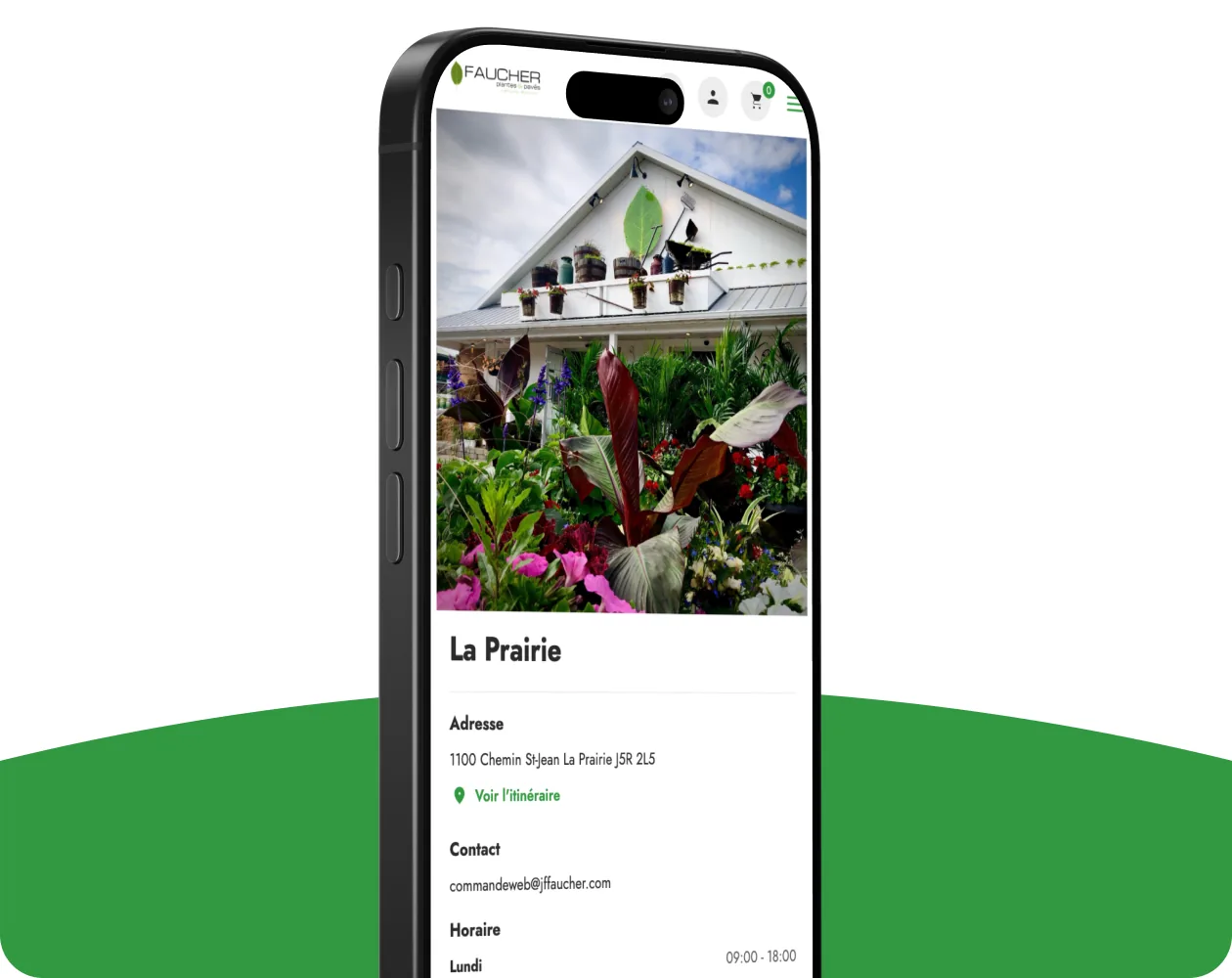 Mobile screen: store page with address, contact and opening hours (project mockup)
