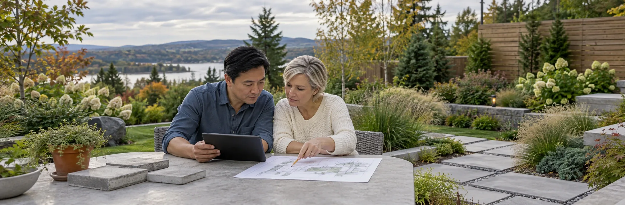 Illustration: two people reviewing a landscaping plan and a tablet on a terrace, in front of a garden lined with a paved path