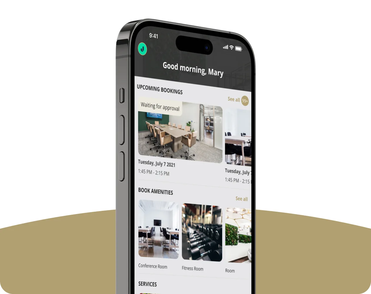 Mobile screen: Heyday app home with upcoming bookings (project mockup)