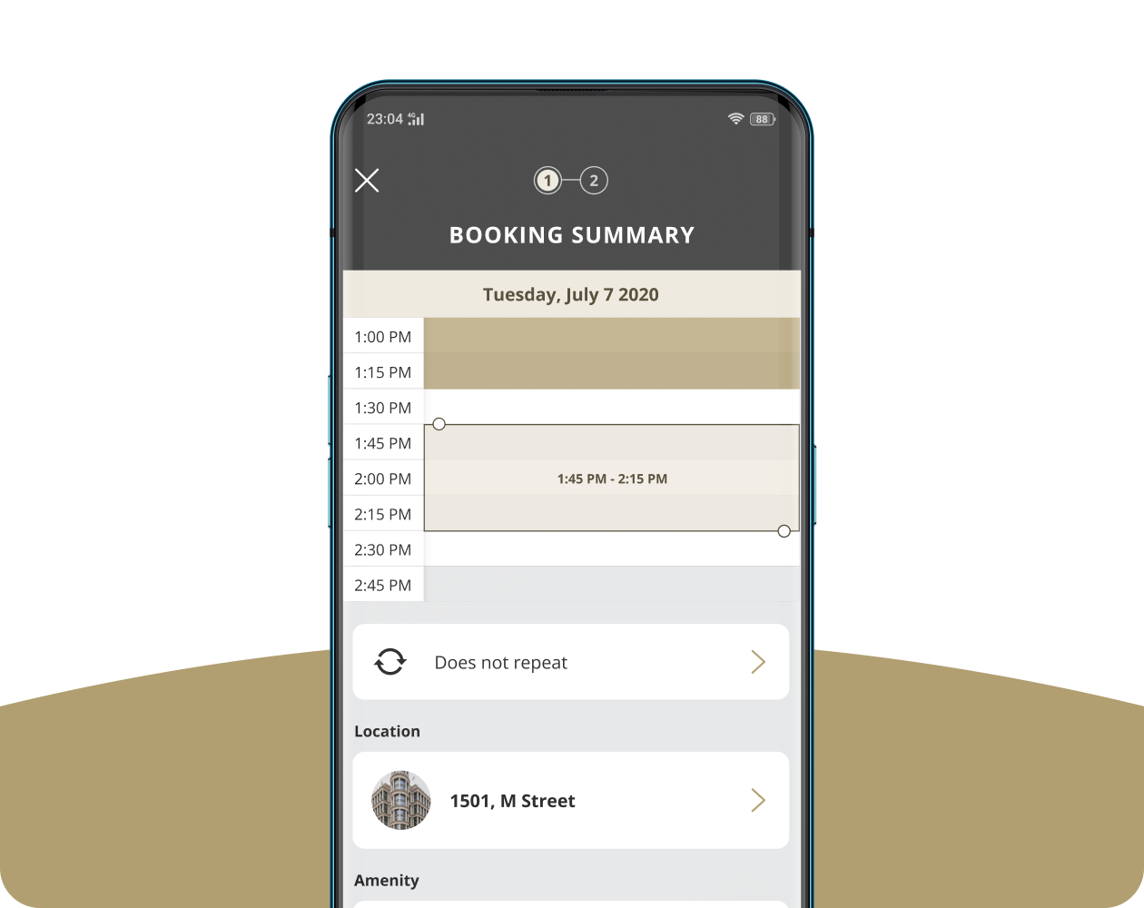 Mobile screen: room booking summary (project mockup)