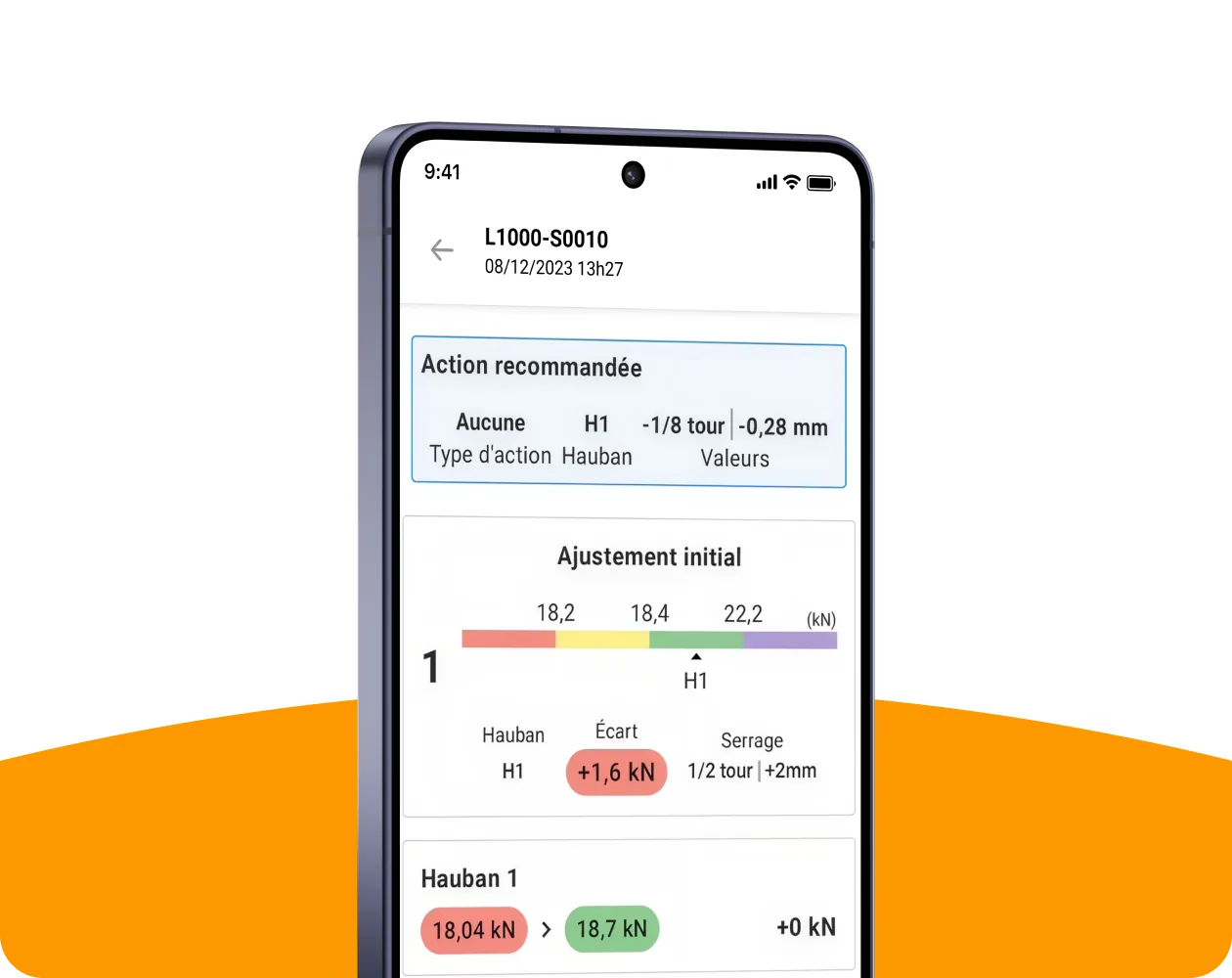 Écran mobile : action recommandée et ajustement d'un hauban