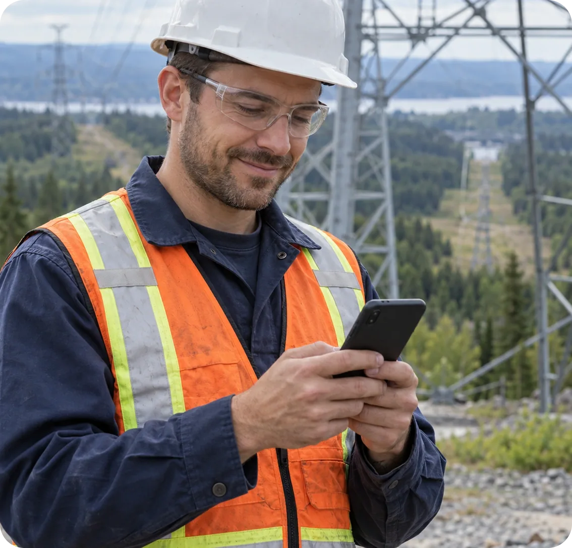 Technicien en équipement de sécurité au pied d'un pylône, téléphone en main