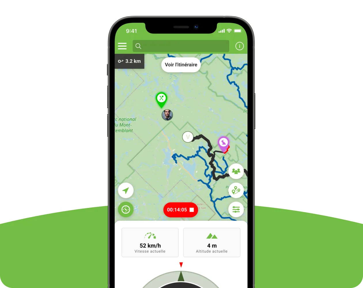 Écran mobile : carte des sentiers avec position en temps réel
