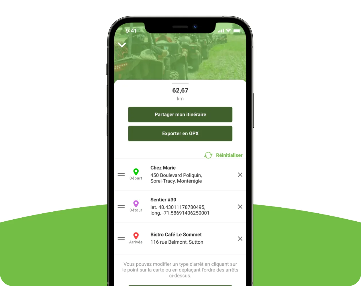 Écran mobile : itinéraire avec départ, détour et arrivée