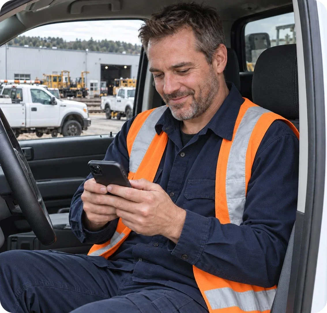 Livreur RailXtra consultant l'application dans la cabine de son camion