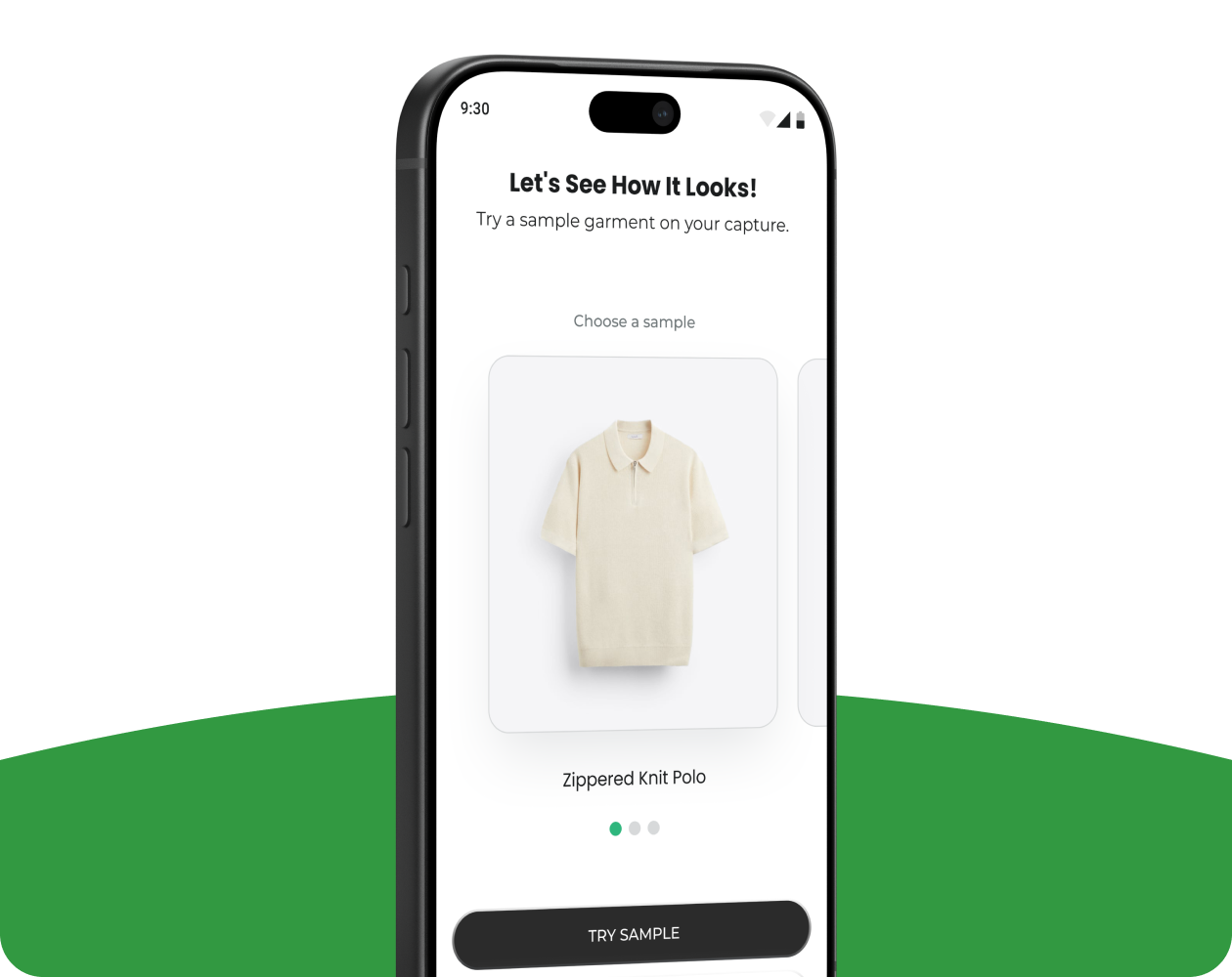 Mobile screen: choosing a sample garment to start the try-on (historical project mockup)