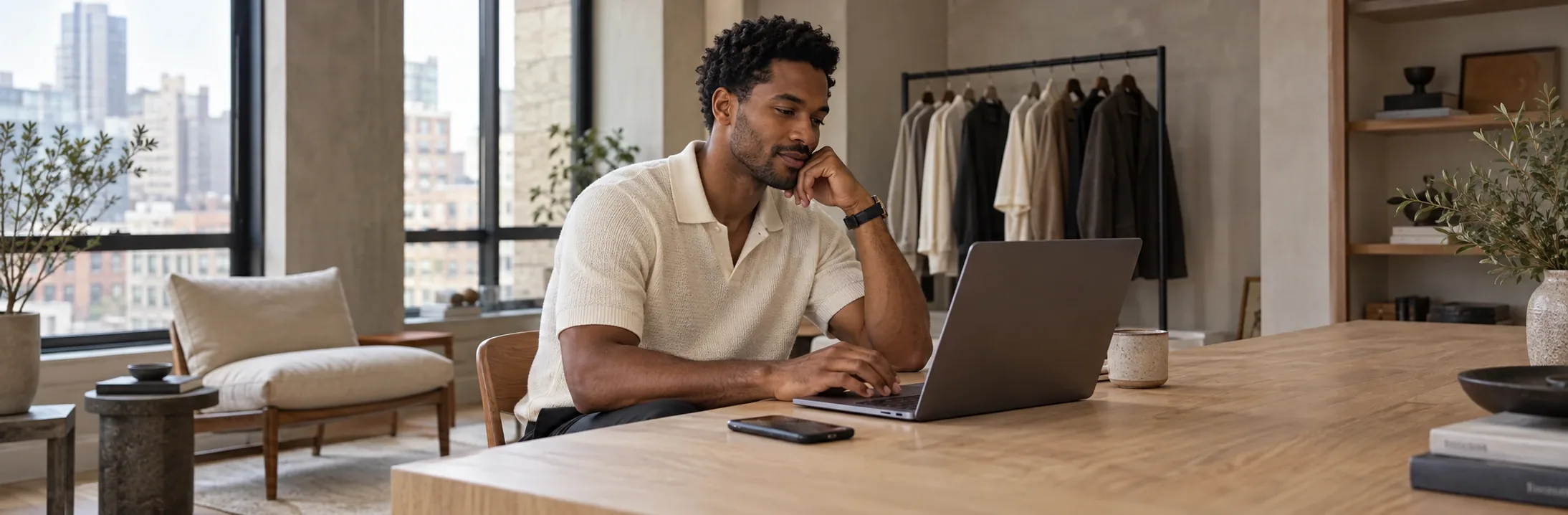 Illustration: a man using a laptop at a table, in front of a clothing rack, in a bright space