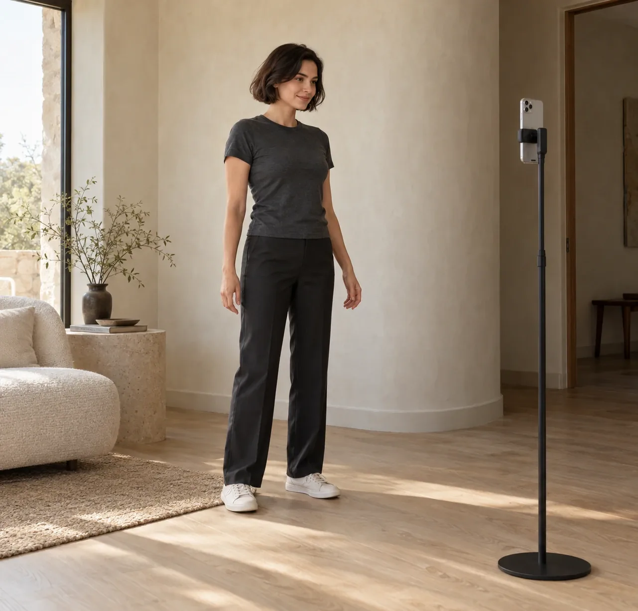 Illustration: a woman standing in a bright living room, facing a phone on a tripod